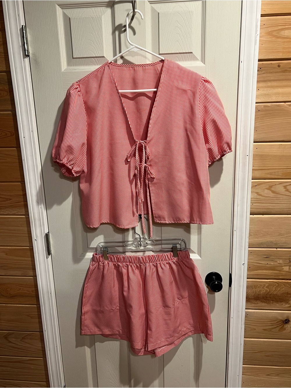Amazon Red Gingham Tie-Front Top and Elastic Waist Short Set